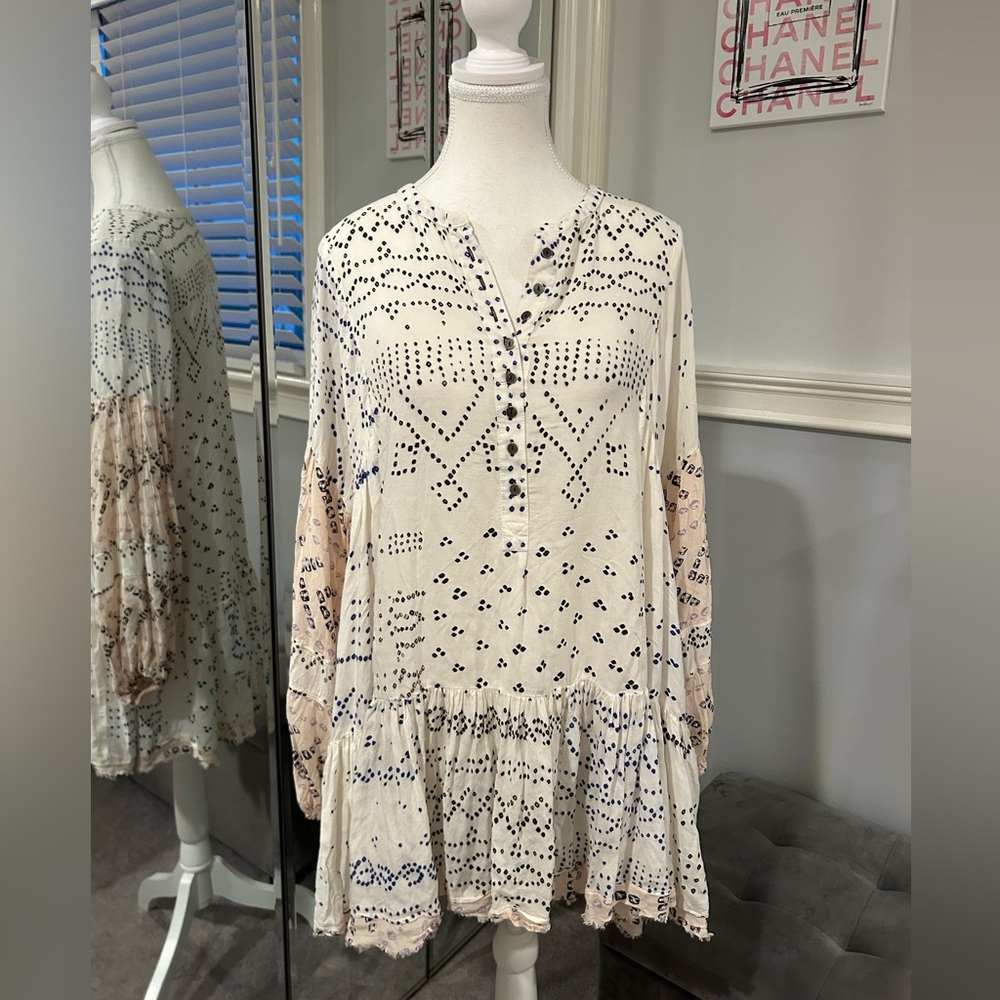 Free People Shibori Ivory Print Long Sleeve Button Up Tunic/Dress Size Small